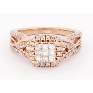 Diamond Engagement Ring Princess & Round 10K Rose Gold - Size 4,5,6,7